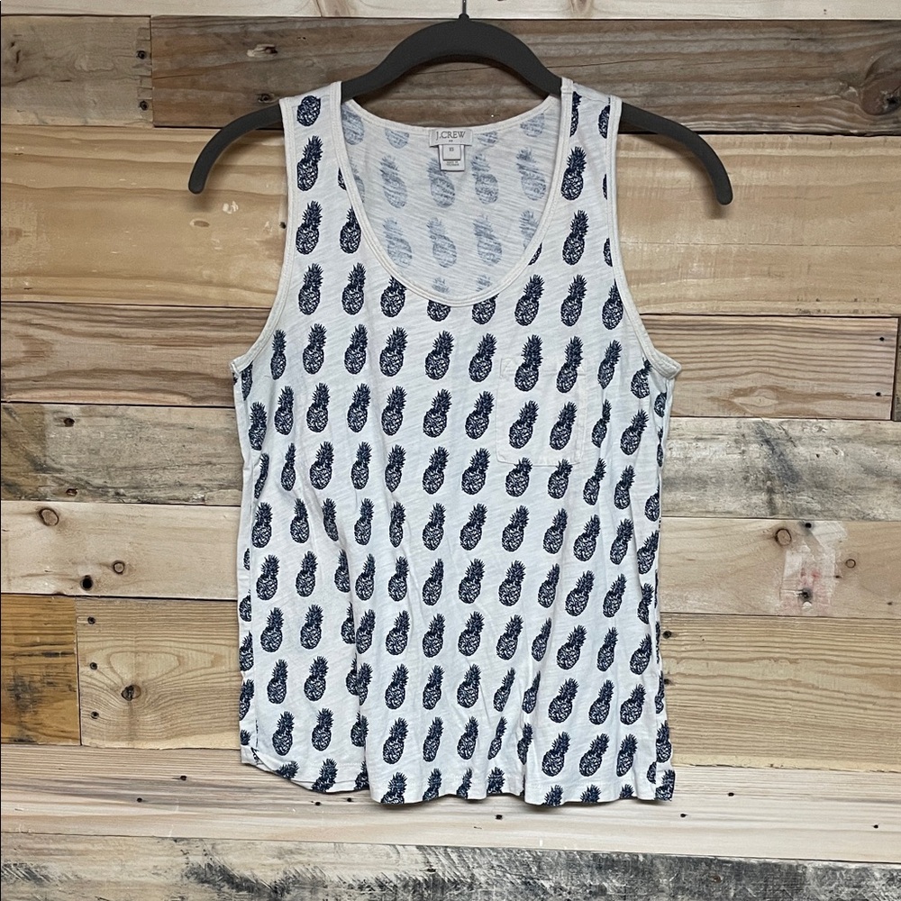J. Crew size XS White and Blue Pineapple Print Crewneck Soft Stretchy Tank Top